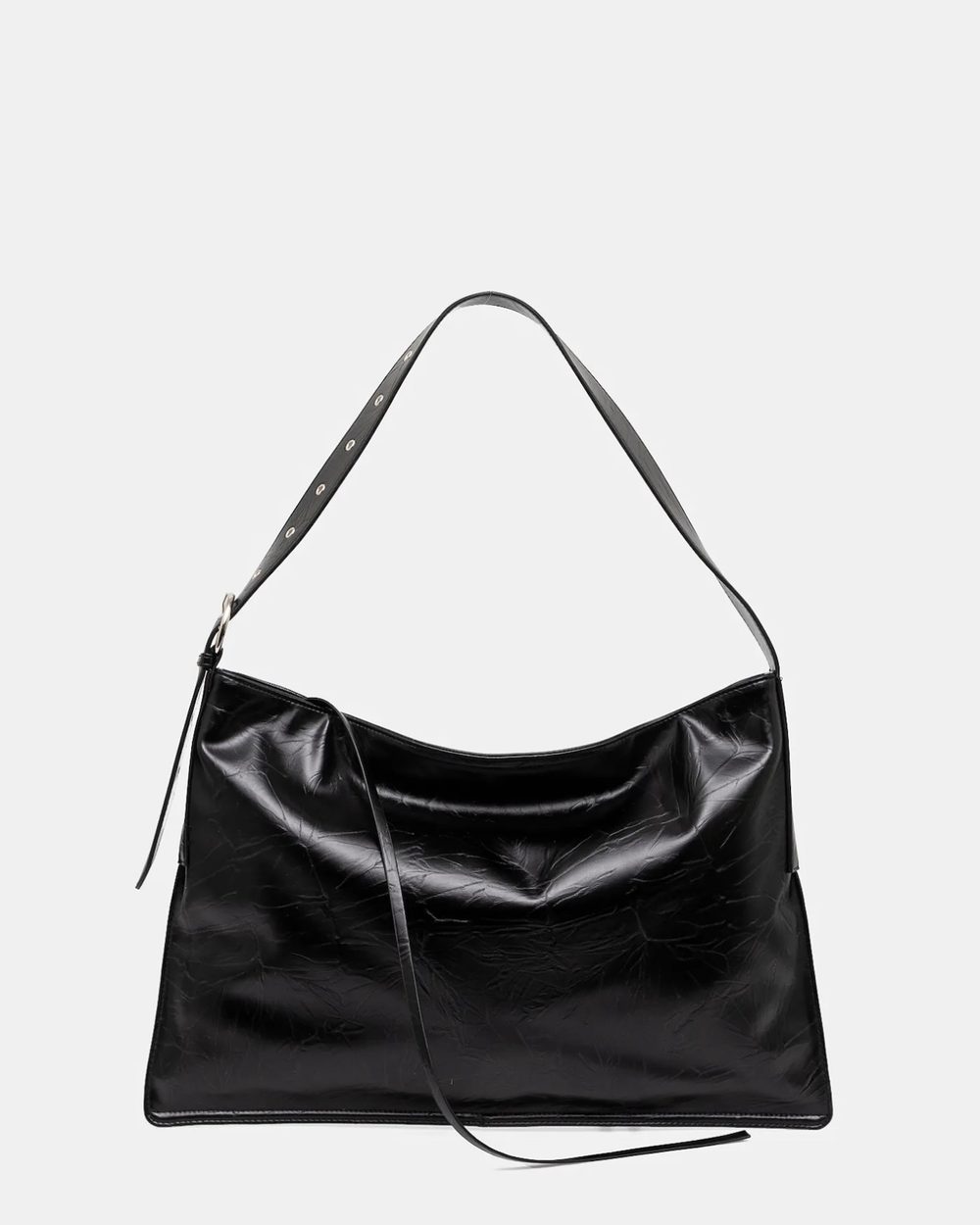 Black crinkled leather shoulder bag with a studded strap