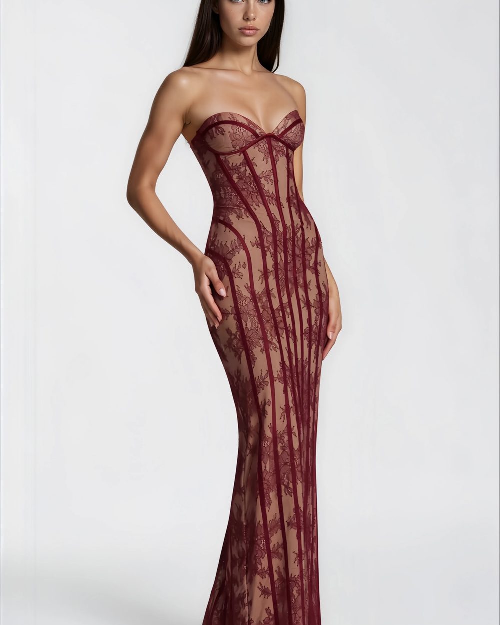 Burgundy lace maxi dress with a strapless corset bodice