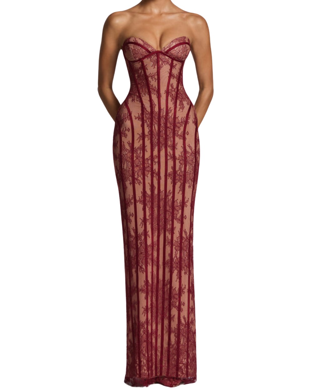 Bordo Dantel Maxi Elbise