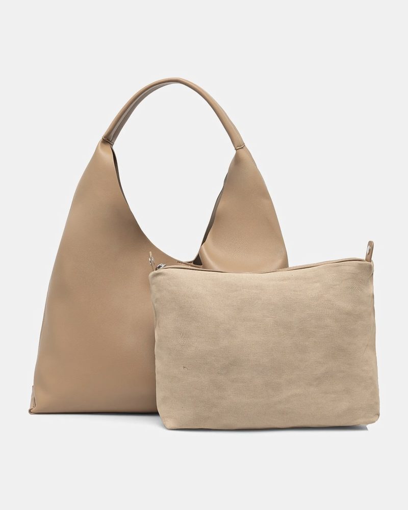Bej hobo omuz çantası, kumaş clutch'lı