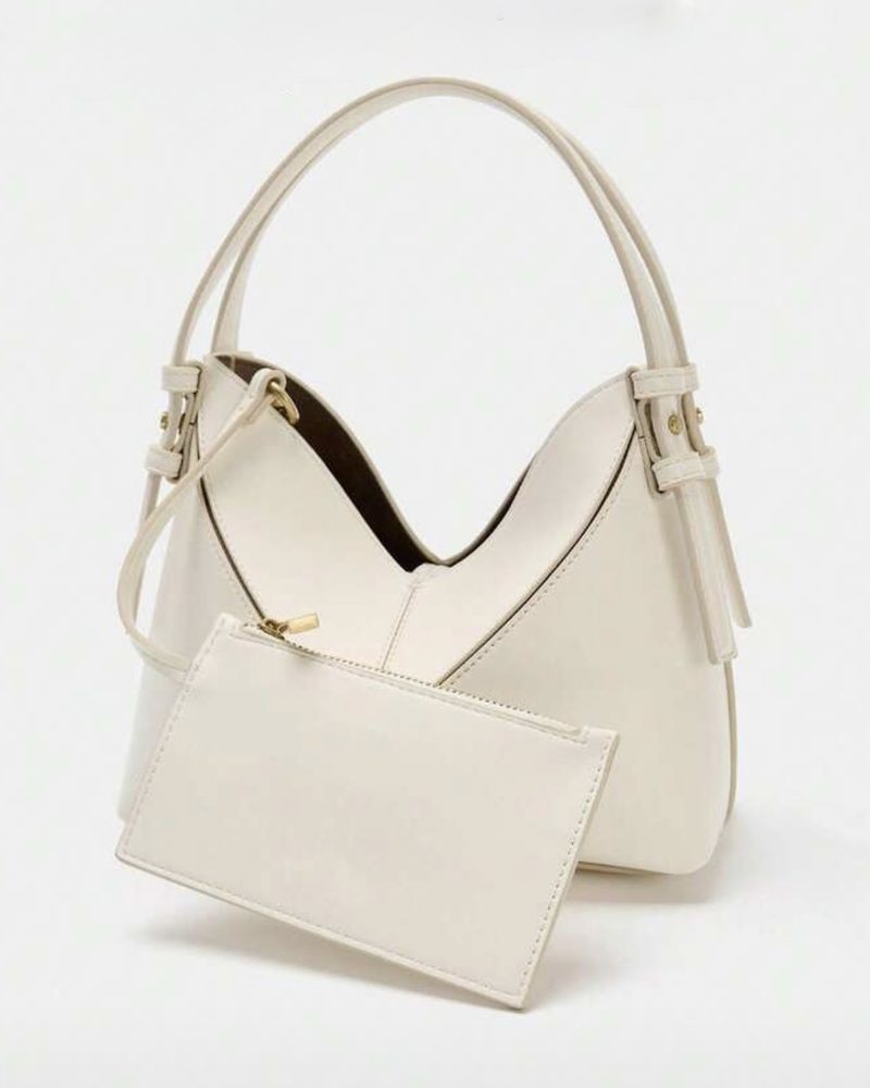 Krem deri hobo çanta, çıkarılabilir clutch'lı